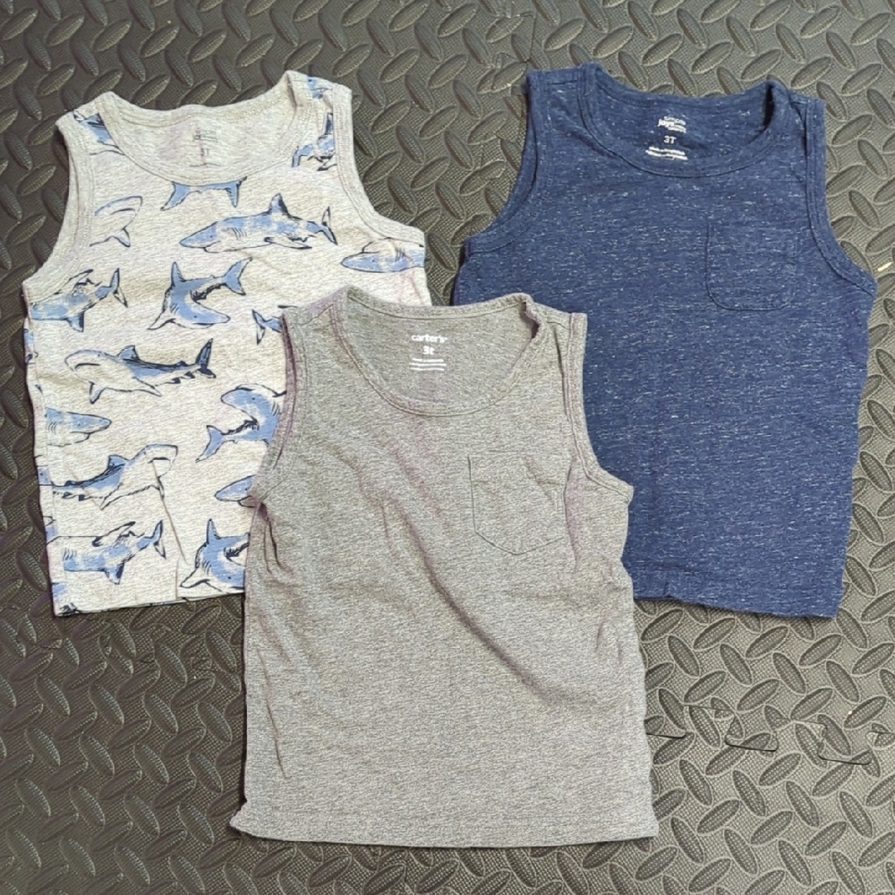 3T Kids Sleeveless Tops - Gray, Blue, Shark Print
